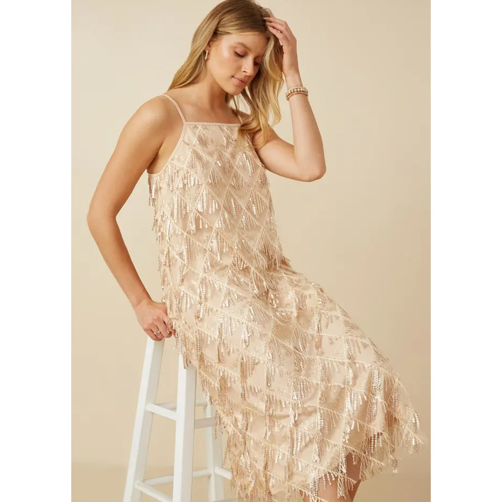 Hayden Vintage Look Los Angeles Long Sequined Beaded Spaghetti Strap Dress L NWT